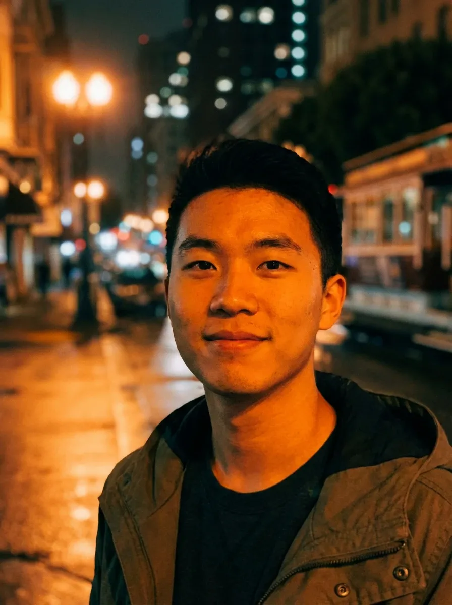 Original selfie input — young man in a dark jacket on a night street